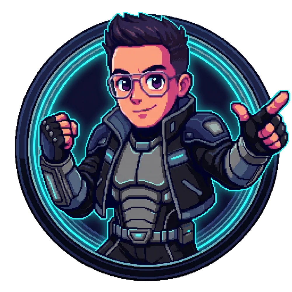 Pixel-art Daniel in a cyberpunk jacket inside a neon cyan ring