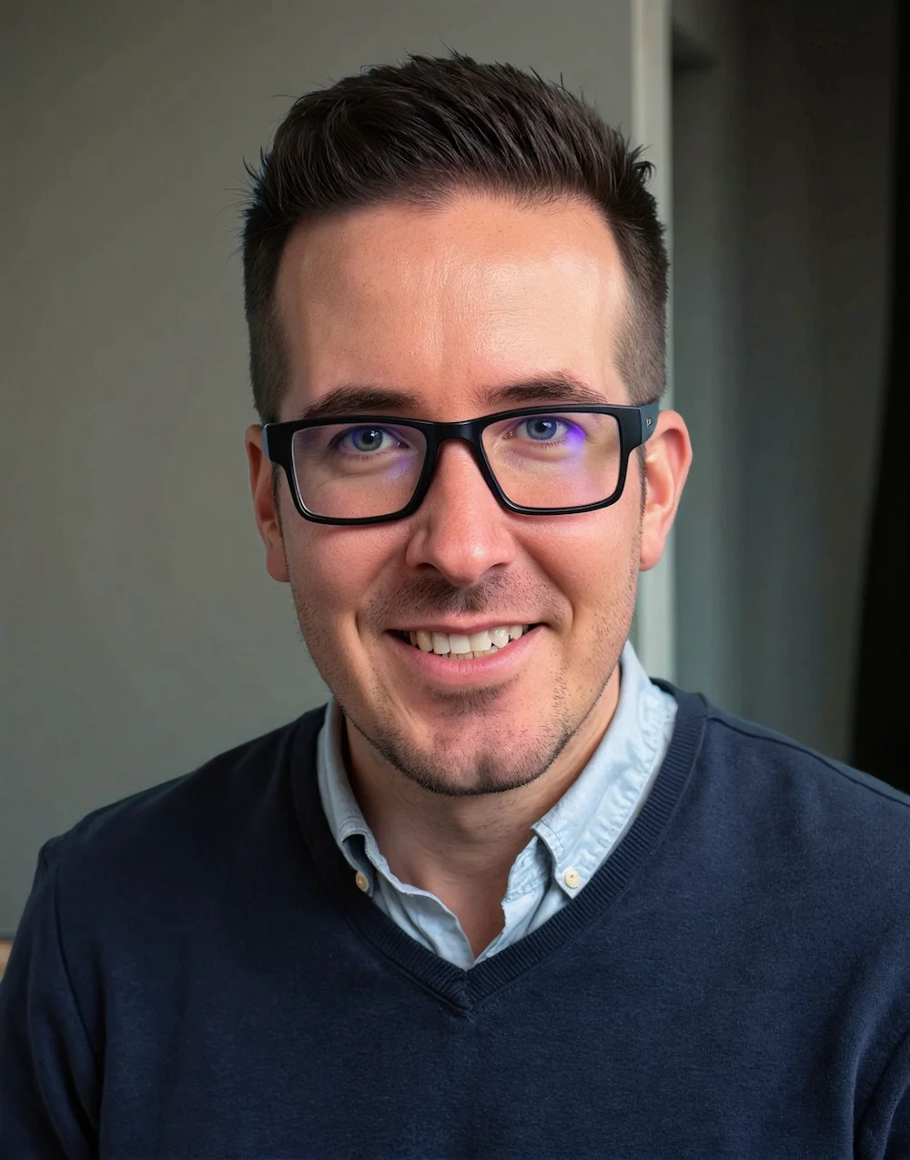 Daniel Allen, smiling, in a navy sweater over a light shirt
